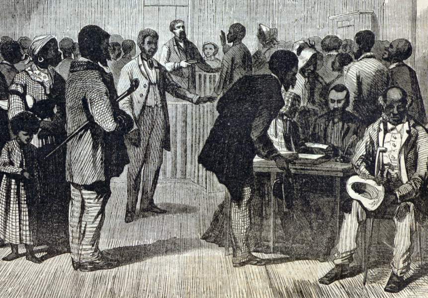 Court in session, Freedmen's Bureau offices, Richmond, Virginia, summer 1866, artist's impression, detail.