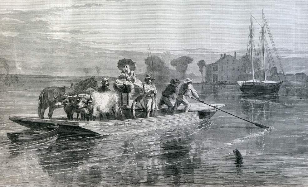 Ferry on Berwick Bay, Atchafalaya River, to Brashear City (modern day Morgan City), Louisiana, September 1866, artist's impression.