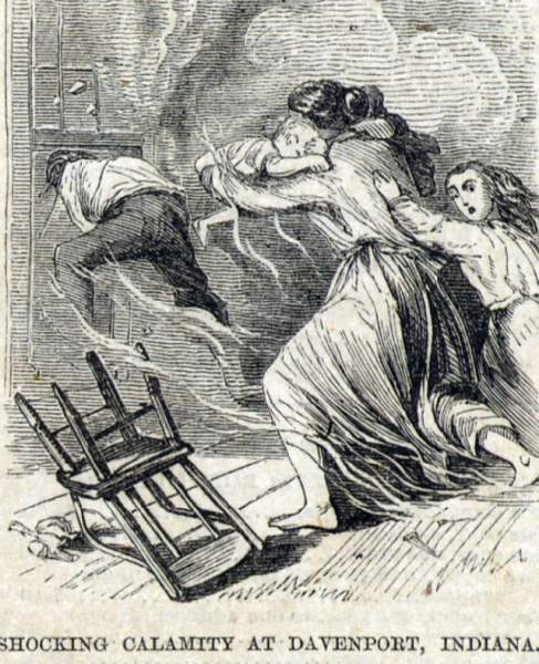 Fatal house fire, Davenport, Indiana, December 9, 1866, artist's impression.