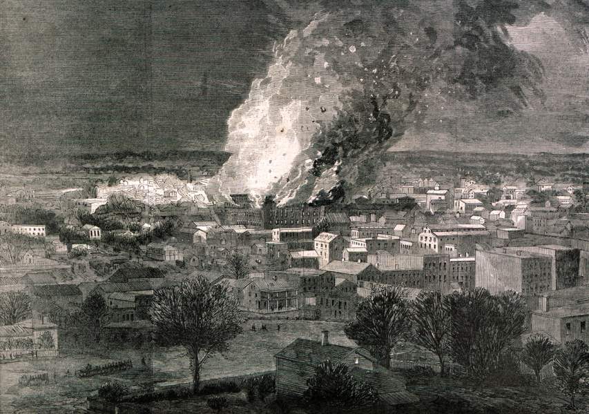 Destruction by fire of the Hyatt House Hotel, Janesville, Wisconsin, January 12, 1867, artist's impression.