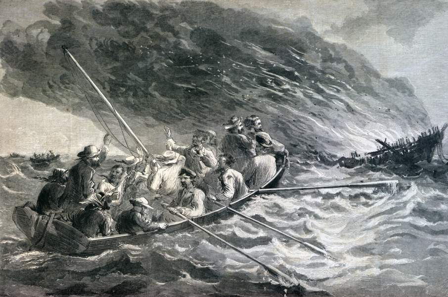 Burning of the clipper ship "Hornet" on the Pacific, May 3, 1866, artist's impression.