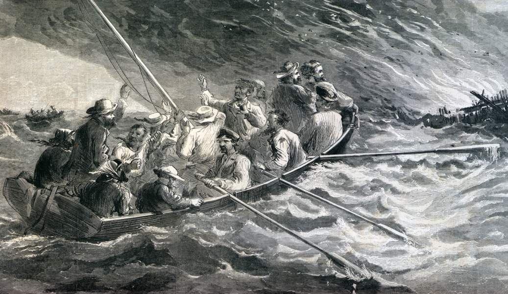 Burning of the clipper ship "Hornet" on the Pacific, May 3, 1866, artist's impression, detail.