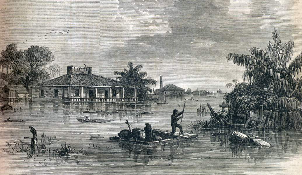 Flooding in West Baton Rouge Parish after Mississippi River leveé break, May 1867, artist's impression.
