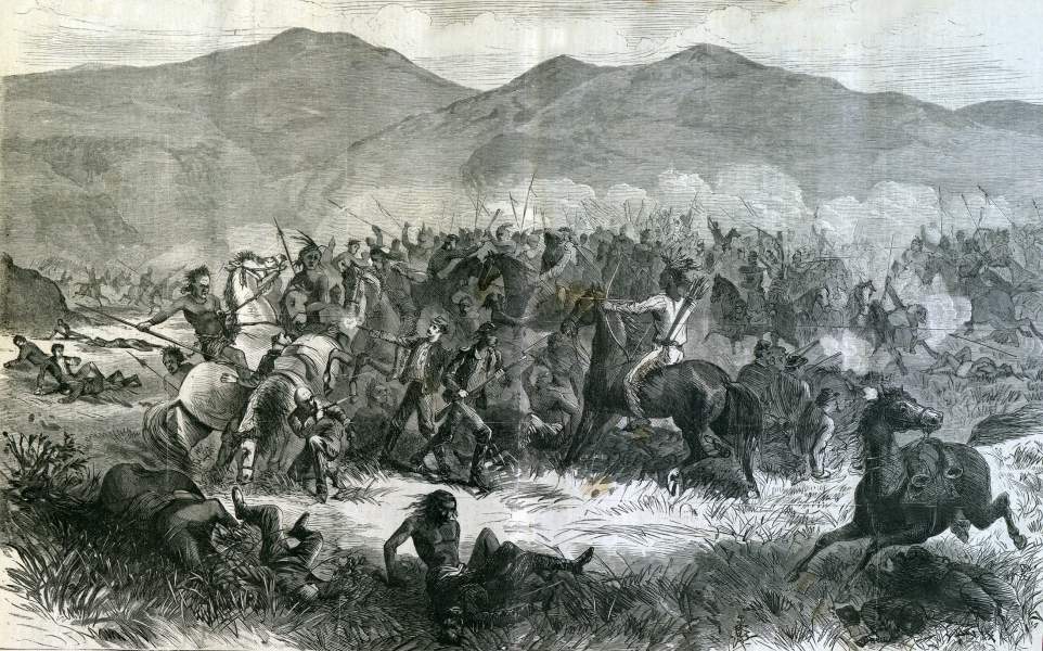 The Fetterman Fight, near Fort Phil Keaney, Dakota Territory, December 21, 1866, artist's impression, zoomable image.