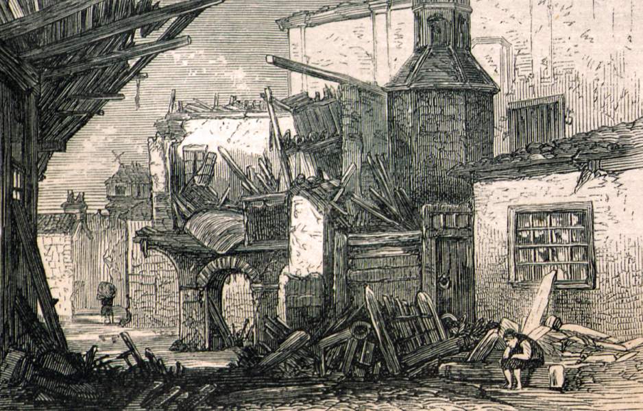 Ruins of a street in Mytilene on the Greek island of Lesbos following the massive earthquake of March 6, 1867, artist's impression.