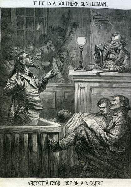 Thomas Nast, "Southern Justice," cartoon, Harper's Weekly Magazine, March 23, 1867, left panel detail.