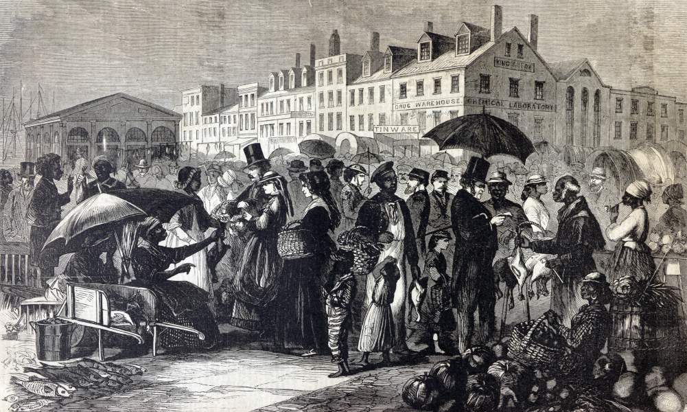 Market, Norfolk, Virginia, summer 1866, artist's impression, zoomable image.
