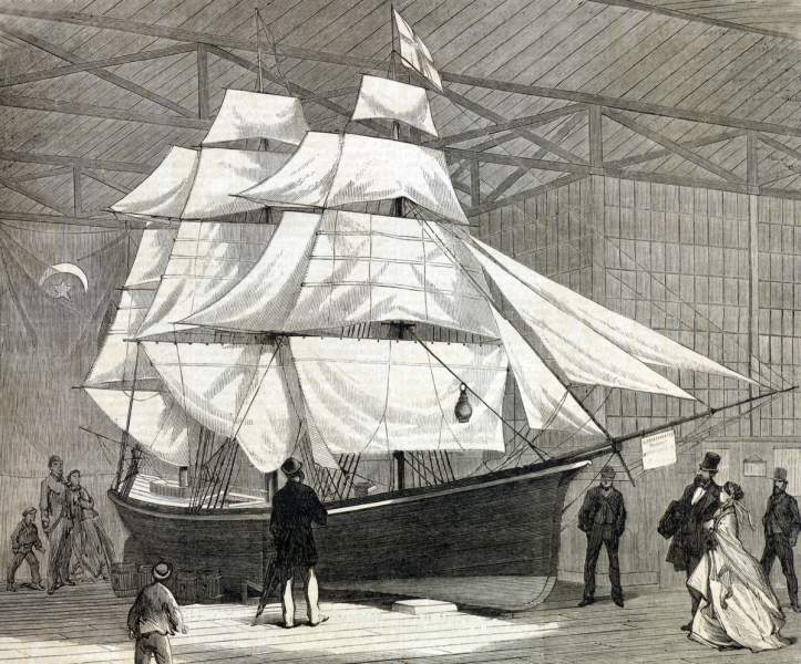 Miniature sailing ship "Red, White, and Blue," 1866, artist's impression.
