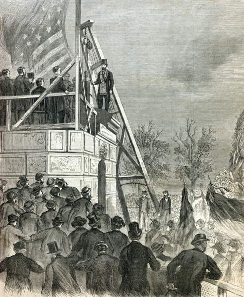 Laying of the cornerstone, Douglas Monument, Chicago, Illinois, September 6,  1866, artist's impression.