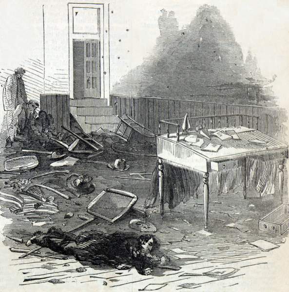 Platform area in the Mechanics' Institute after the New Orleans Riot, July 30, 1866, artist's impression.