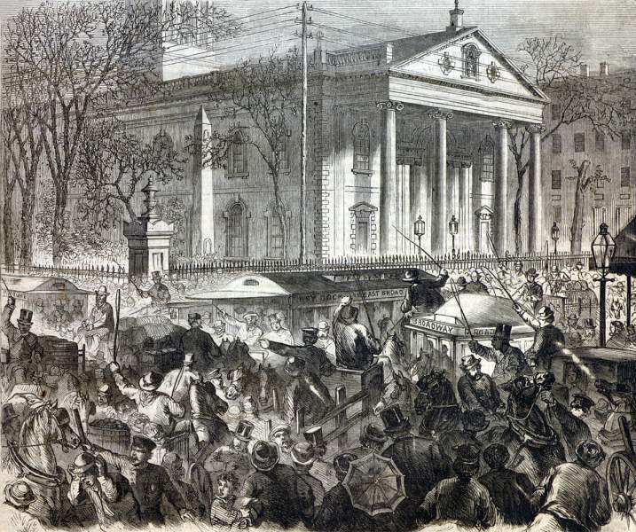 Traffic chaos on Broadway, New York City, after the laying of crossing train lines, October 29, 1866, artist's impression.