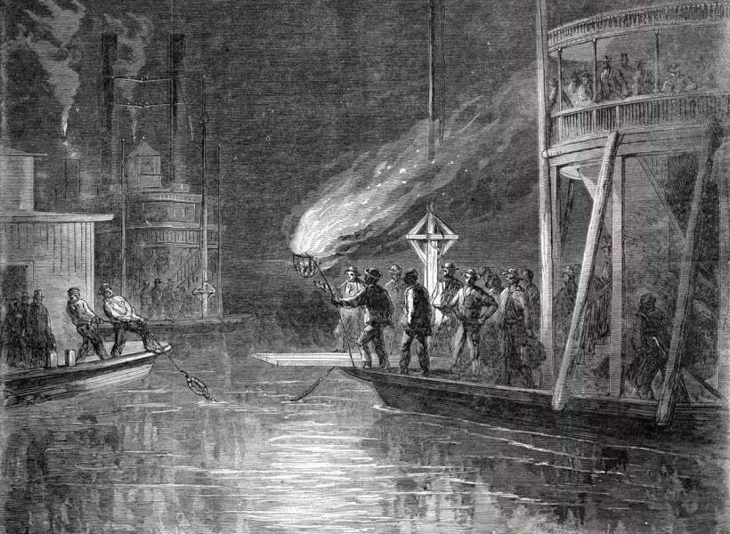 Night Landing of a Mississippi Steamboat, winter 1866, artist's impression.