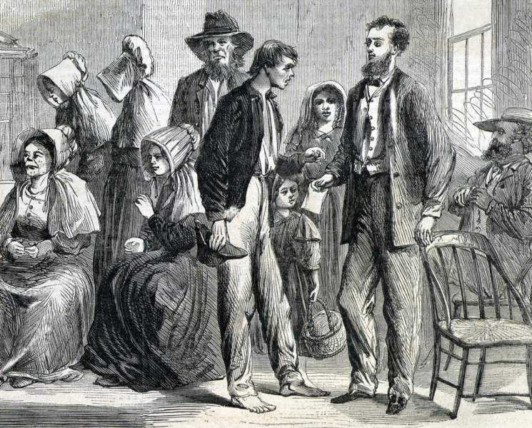 Alabama citizens receiving U.S. Government rations, summer 1866, artist's impression, detail.