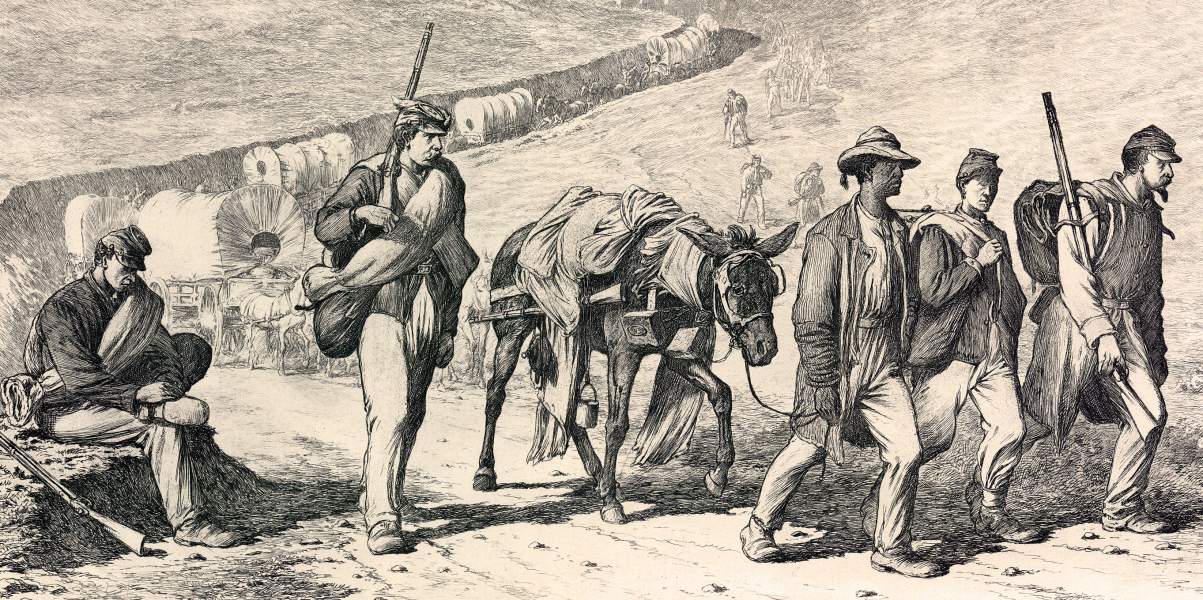 "The Rear of the Column," Edwin Forbes, copper plate etching, 1876, detail, zoomable image