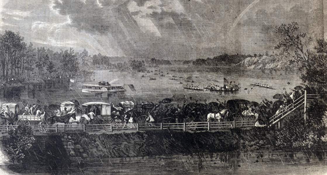 Regatta in the rain, Lake Quinsigamond, Worcester, Massachusetts, July 27, 1866, artist's impression