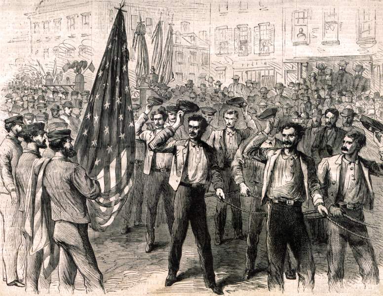 Controversial parade of Charleston Firemen, Charleston, South Carolina, April 27, 1867, artist's impression.