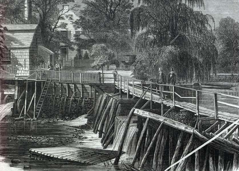The Old Mill Dam, Sleepy Hollow, Tarrytown, New York, November 1866, artist's impression.