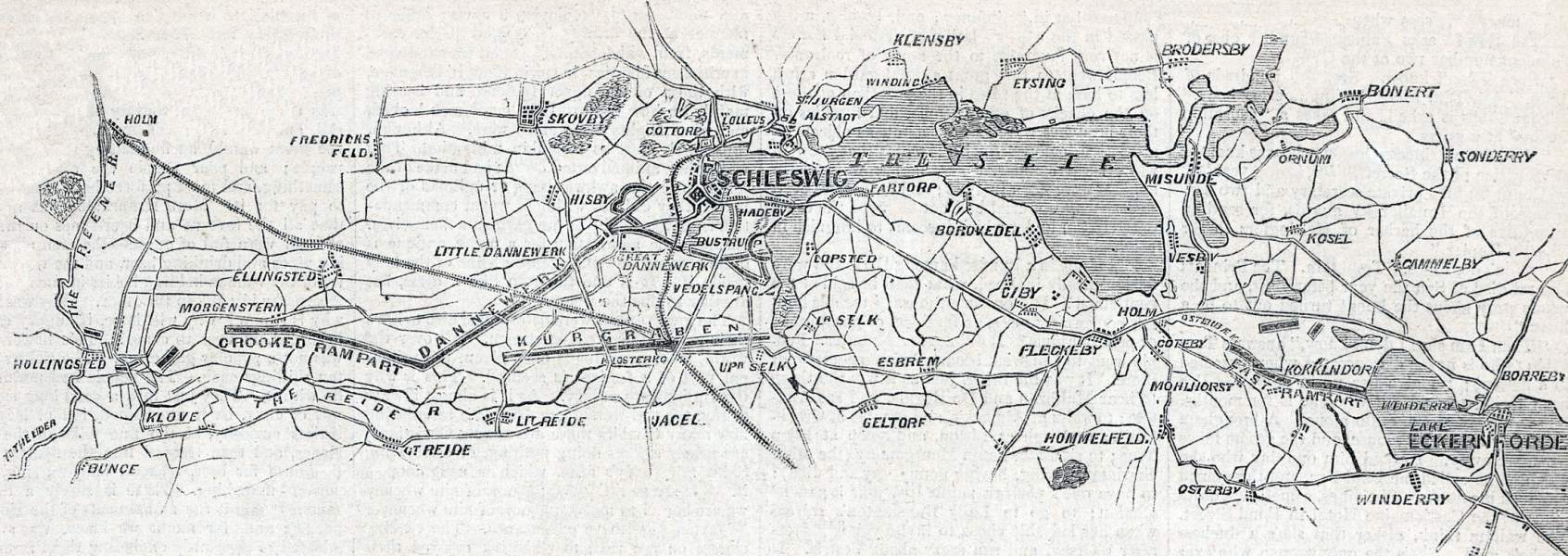 Schleswig, Denmark, showing Danish defensive positions against The German Federation, February 1864, zoomable map