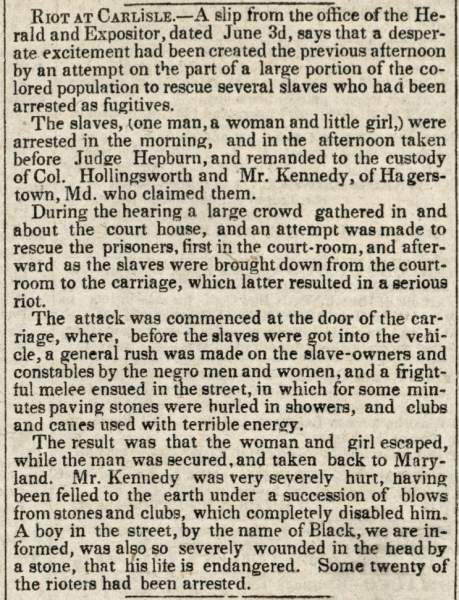 “Riot at Carlisle,” New York Commercial Advertiser, June 5, 1847