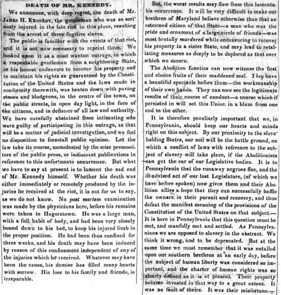 “Death of Mr. Kennedy,” Carlisle (PA) American Volunteer, July 1, 1847 (Page 1)