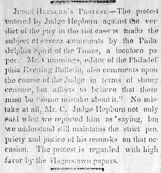 “Judge Hepburn’s Protest,” Carlisle (PA) Herald, September 8, 1847