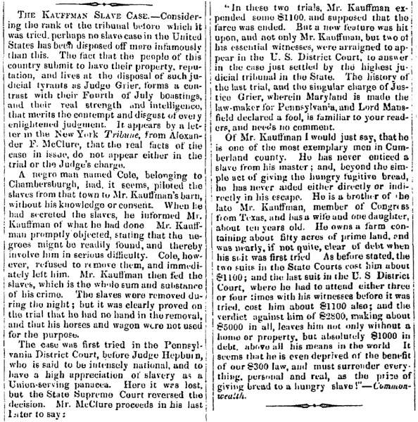 “The Kauffman Slave Case,” Rochester (NY) Frederick Douglass’ Paper, January 14, 1853