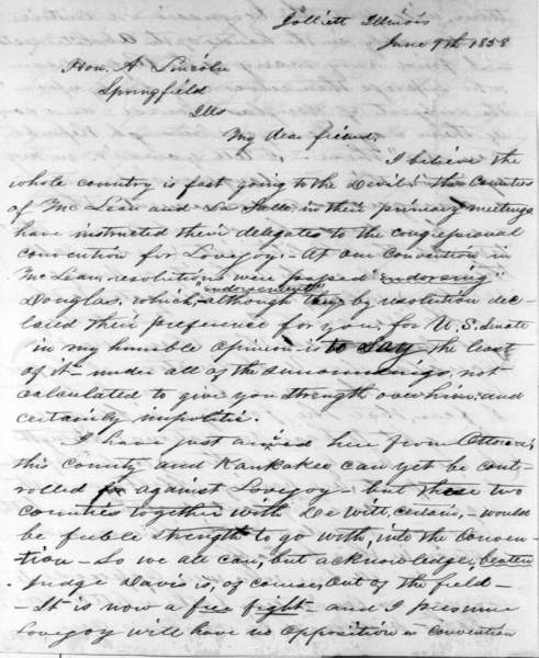 Ward Hill Lamon to Abraham Lincoln, June 9, 1858 (Page 1)