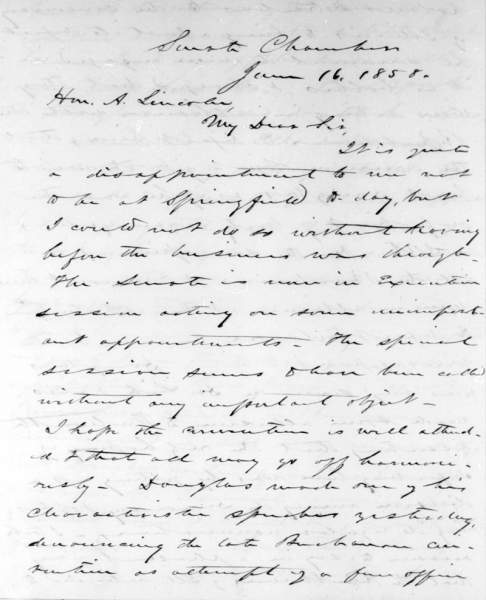 Lyman Trumbull to Abraham Lincoln, June 16, 1858 (Page 1)