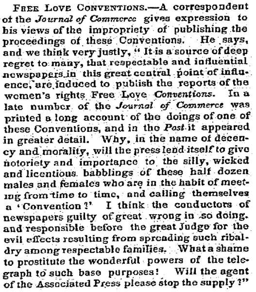 “Free Love Conventions,” (Windsor) Vermont Chronicle, September 28, 1858