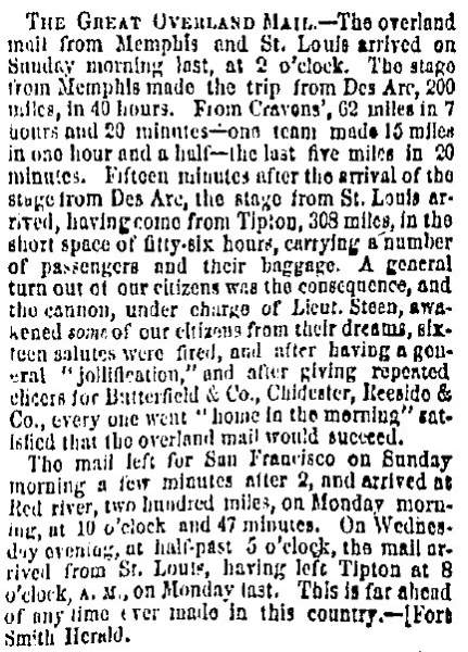 “The Great Overland Mail,” (St. Louis) Missouri Republican, October 3, 1858