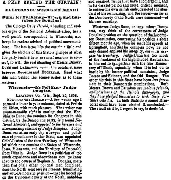 “A Peep Behind the Curtain!,” Milwaukee (WI) Sentinel, October 12, 1858