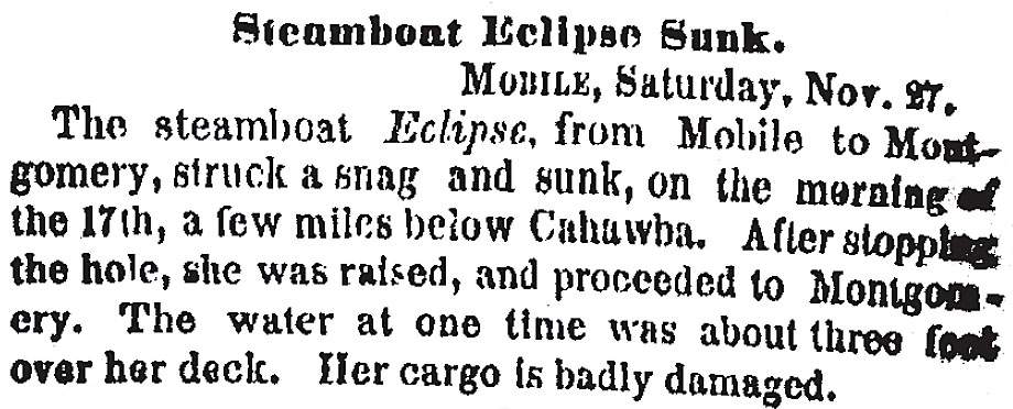 “Steamboat Eclipse Sunk,” New York Times, November 29, 1858