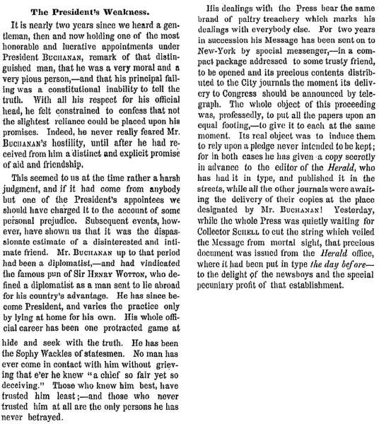 “The President’s Weakness,” New York Times, December 7, 1858 (Page 1)