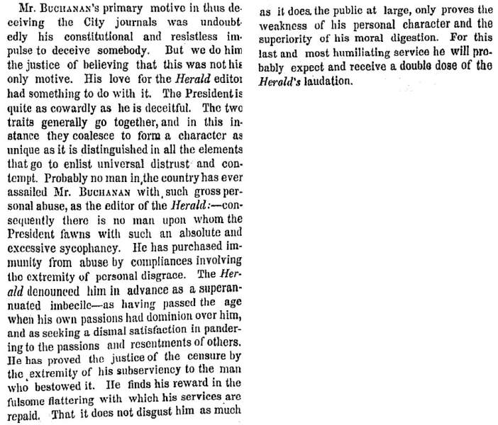 “The President’s Weakness,” New York Times, December 7, 1858 (Page 2)