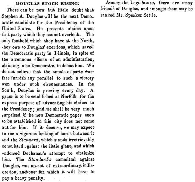 “Douglas Stock Rising,” Raleigh (NC) Register, December 8, 1858