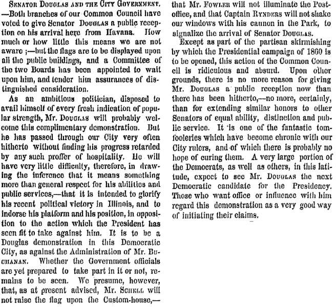 “Senator Douglas and the City Government,” New York Times, December 20, 1858