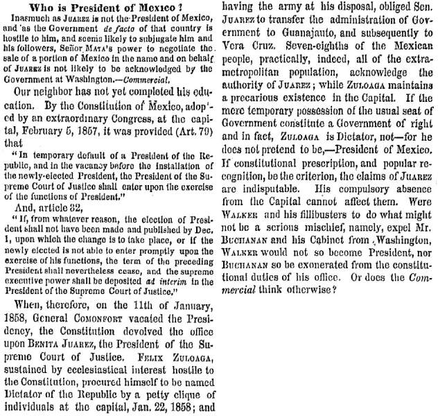 “Who is President of Mexico?,” New York Times, December 22, 1858