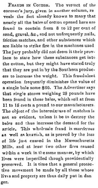 “Frauds in Cotton,” Lowell (MA) Citizen & News, December 23, 1858