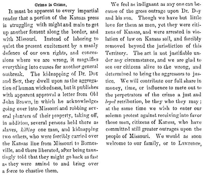 “Crime is Crime,” Lawrence (KS) Herald of Freedom, February 5, 1859 (Page 1)