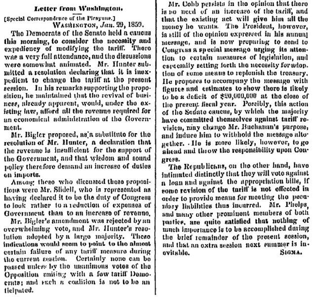 “Letter from Washington,” New Orleans (LA) Picayune, February 6, 1859