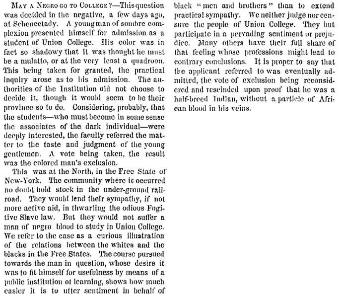 “May A Negro Go To College?,” New York Times, February 10, 1859
