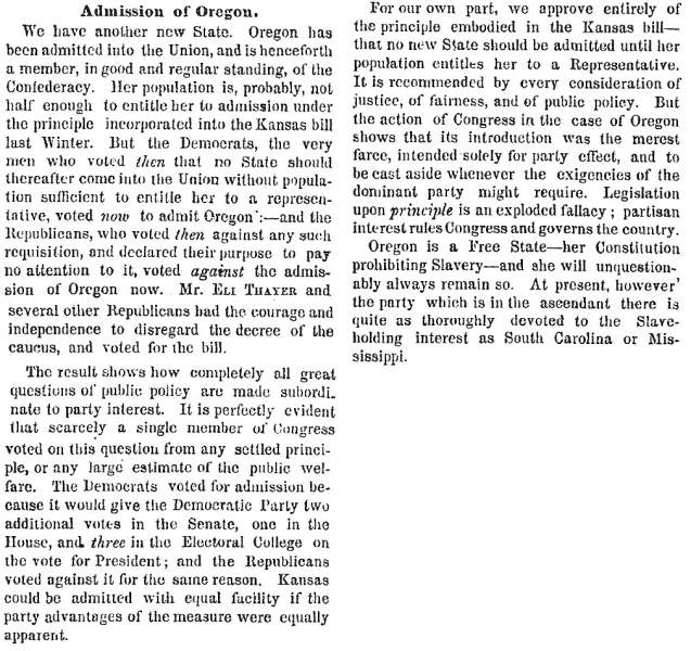 “Admission of Oregon,” New York Times, February 14, 1859