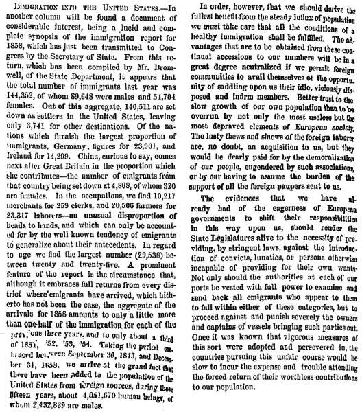 “Immigration into the United States,” New York Herald, February 20, 1859