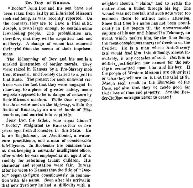 “Dr. Doy of Kansas,” New York Times, March 18, 1859