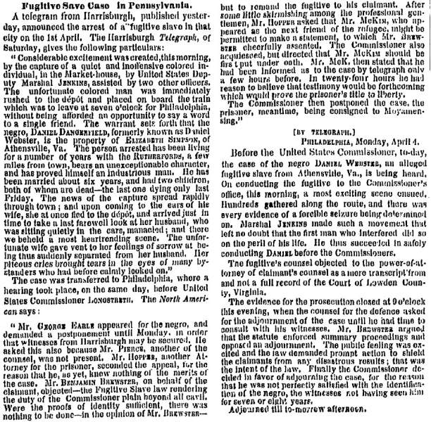“Fugitive Slave Case in Pennsylvania,” New York Times, April 5, 1859