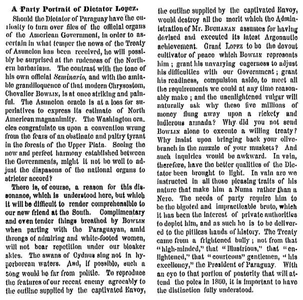 “A Party Portrait of Dictator Lopez,” New York Times, April 25, 1859