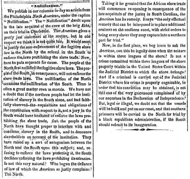 “Nullification,” Charleston (SC) Mercury, May 7, 1859