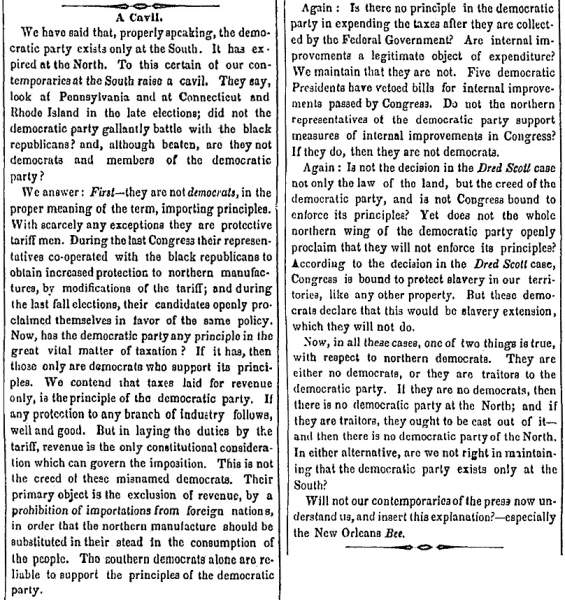 “A Cavil,” Charleston (SC) Mercury, May 10, 1859