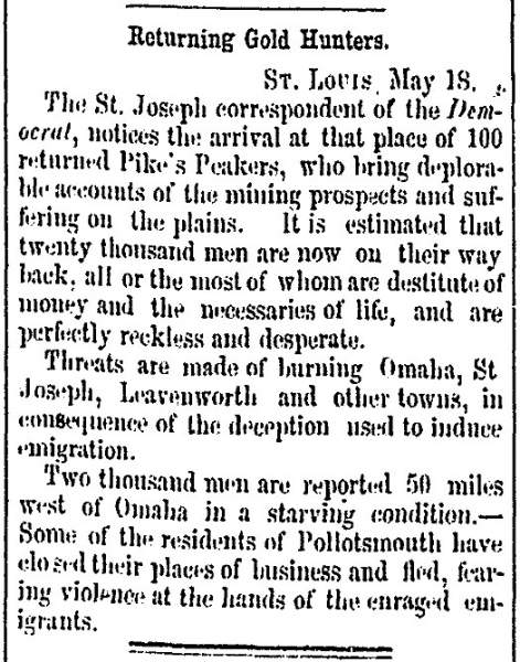 “Returning Gold Hunters,” Milwaukee (WI) Sentinel, May 20, 1859