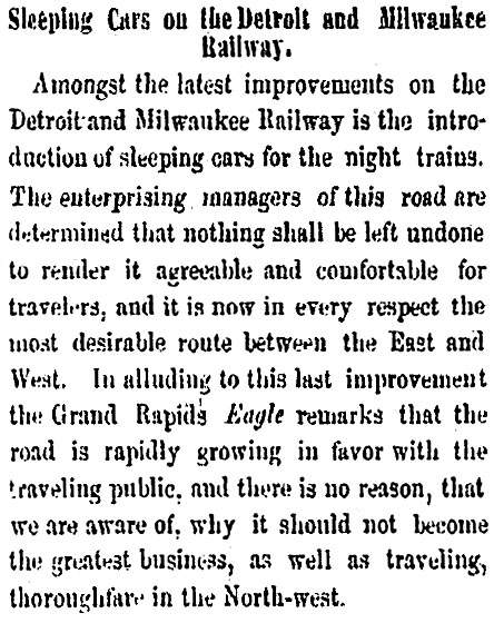 “Sleeping Cars on the Detroit and Milwaukee Railway,” Milwaukee (WI) Sentinel, June 15, 1859